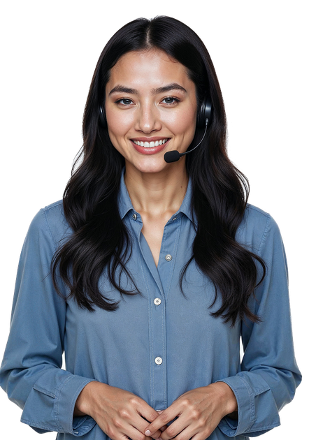 A woman is wearing a headset and smiling.