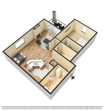 3D floor plan of an apartment with a kitchen, dining area, living room, bedroom, and bathroom. Beige walls, wooden floors, and furniture are visible.