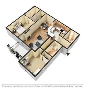 Floor plan of an apartment with two bedrooms, a living area, kitchen, and two bathrooms. Rendered in 3D, it shows furniture and decor.