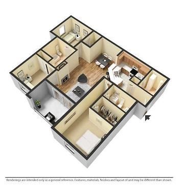 Floor plan of a two-bedroom apartment with a kitchen, dining area, living room, and two bathrooms.