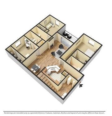 3D rendering of a two-story house interior. Rooms include a living area, kitchen, dining space, bedrooms, and bathrooms, all visible from an aerial perspective.
