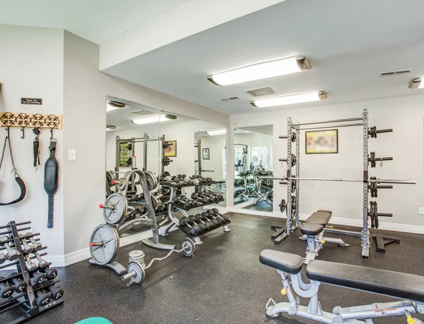 Home gym with weight racks, dumbbells, bench, and mirrors. Dark flooring and neutral walls.