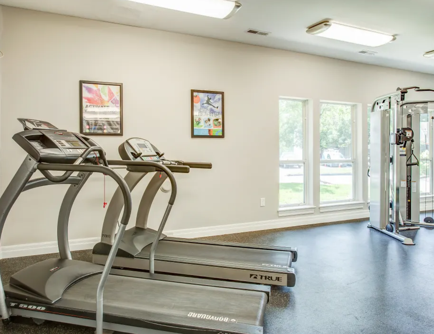 Gym with two treadmills and a weight machine, set against a gray wall with windows and two posters.