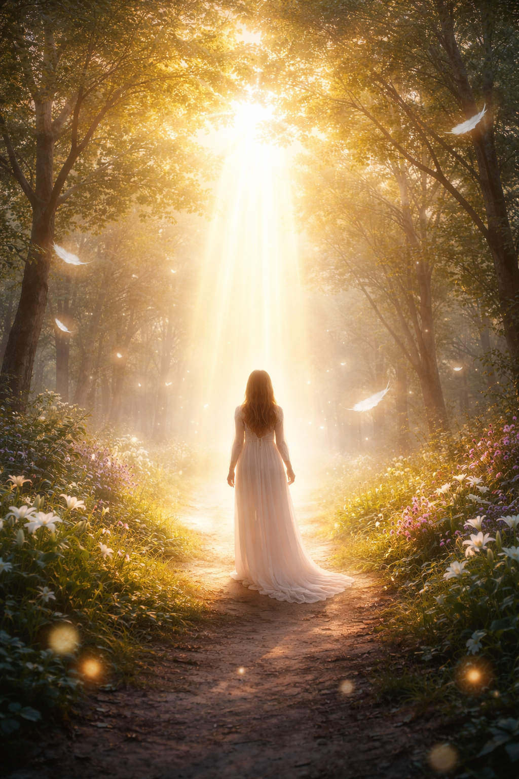 A woman is standing in a field with her arms outstretched.