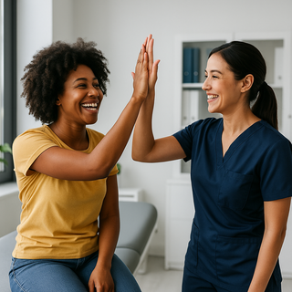 Two women are giving each other a high five.