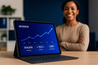 A woman is standing in front of a tablet with a graph on it.