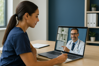 A nurse is having a video call with a doctor on a laptop.