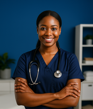 A nurse with a stethoscope around her neck is smiling with her arms crossed.