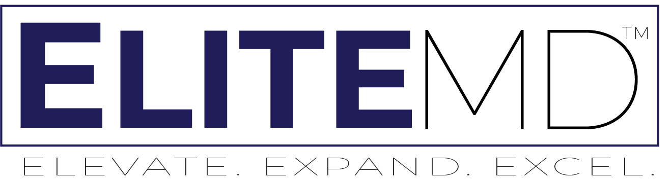 A blue and white logo for elitemd