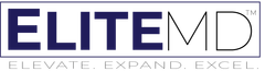 A blue and white logo for elitemd