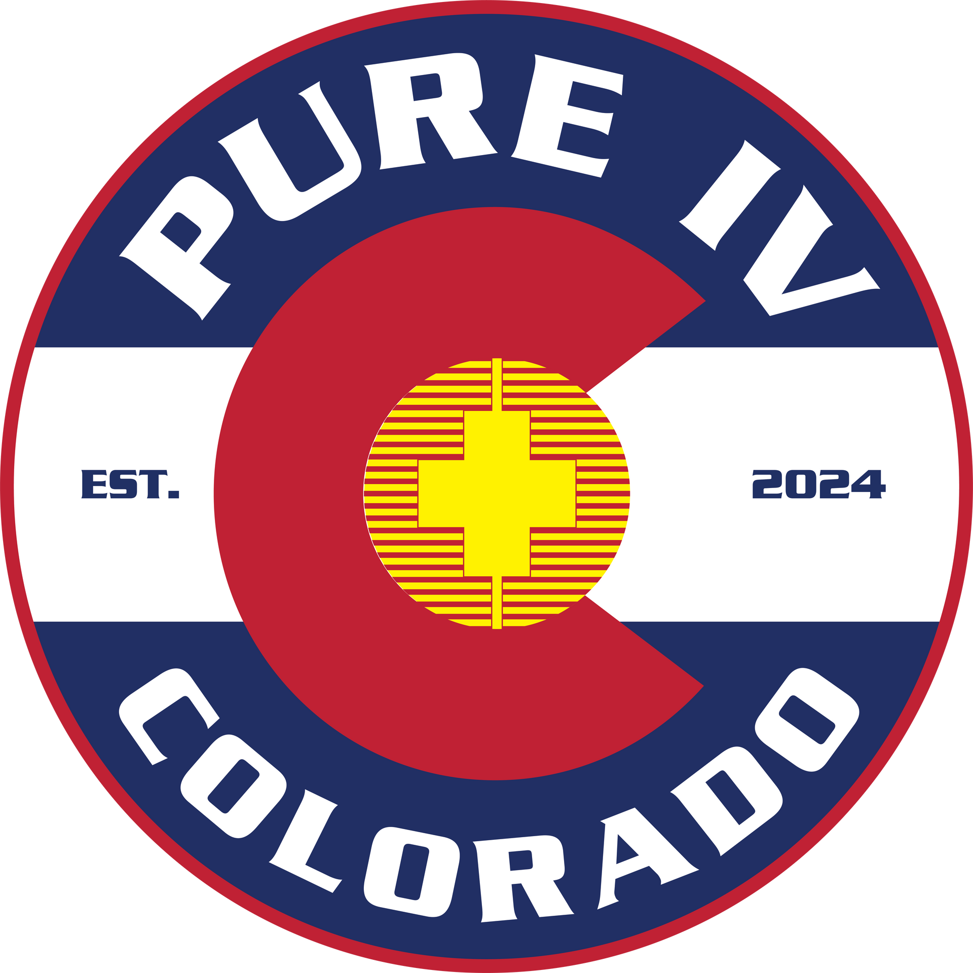 A pure iv colorado logo with a yellow cross in the center