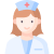 A nurse wearing a white coat and a blue hat with a red cross on it.