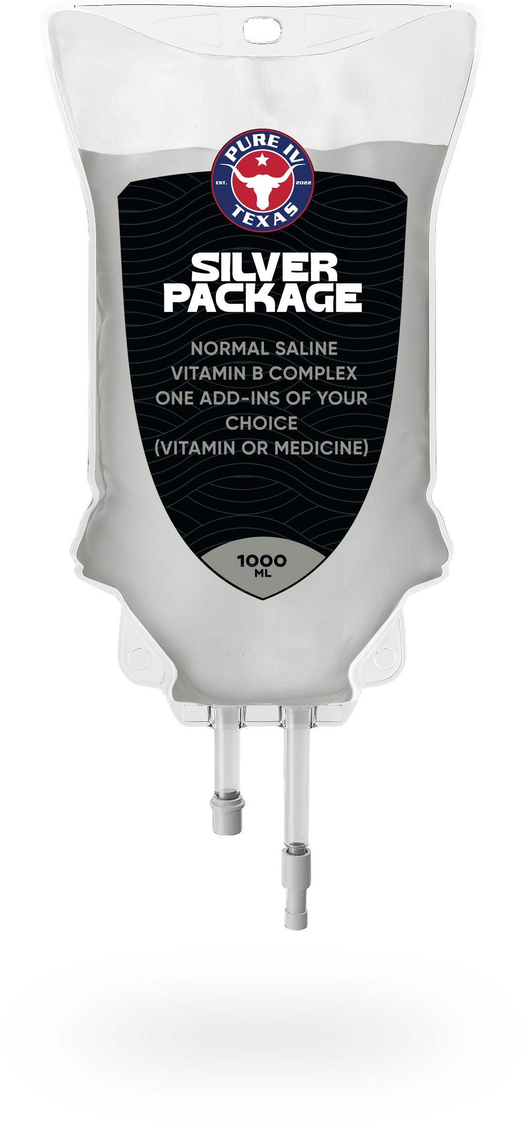 A bag of silver package is hanging from a wall.