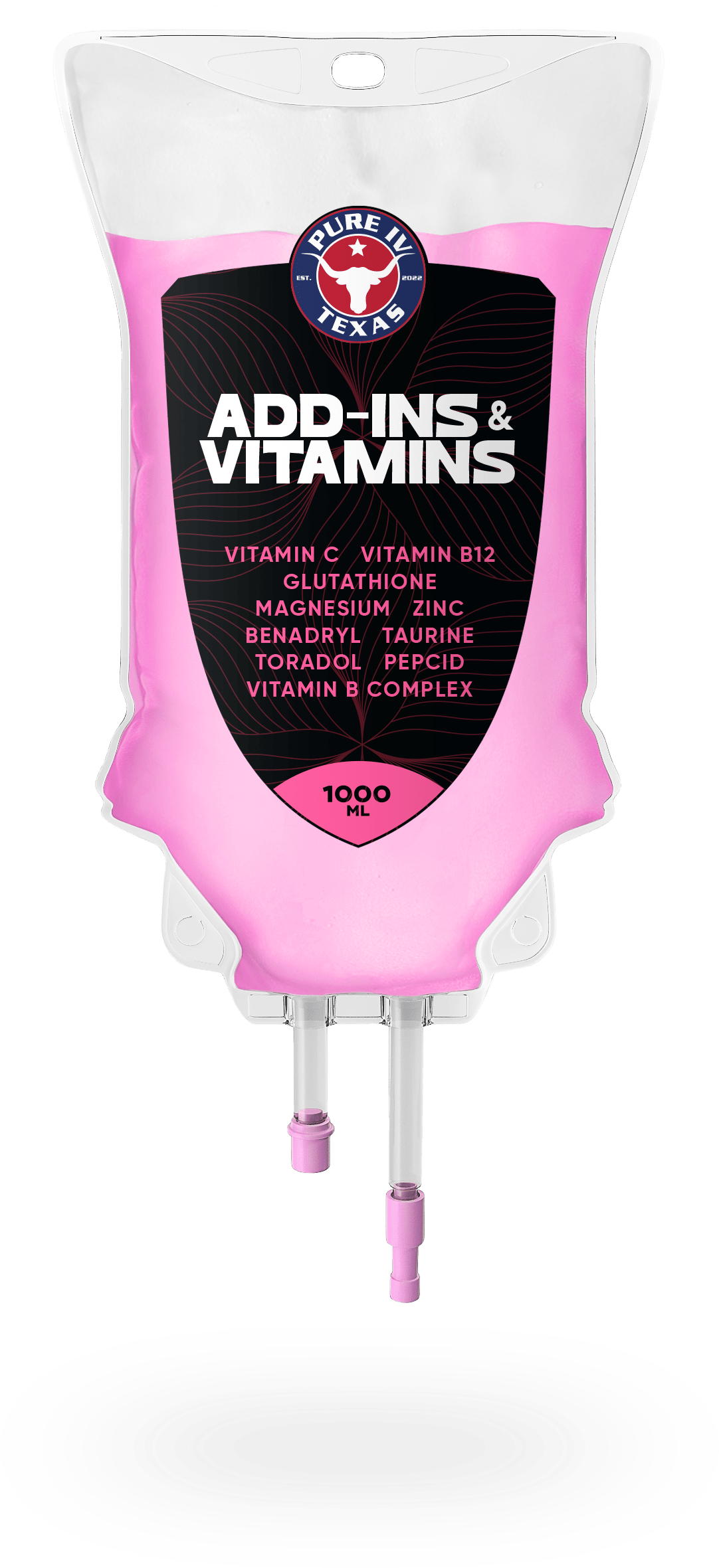 A pink bag of add ins and vitamins on a white background.