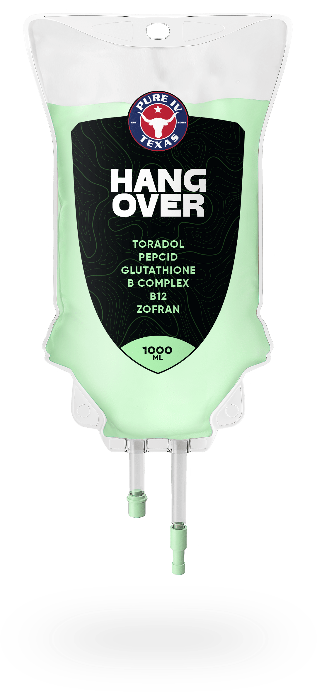 A bag of hang over alcohol with two tubes attached to it.