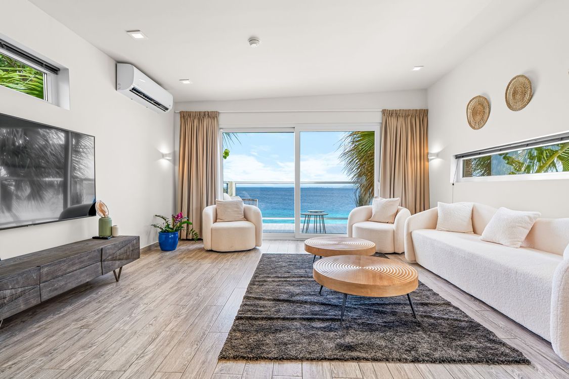 Bright living room with ocean view, white furniture, wooden coffee tables, and a grey rug.