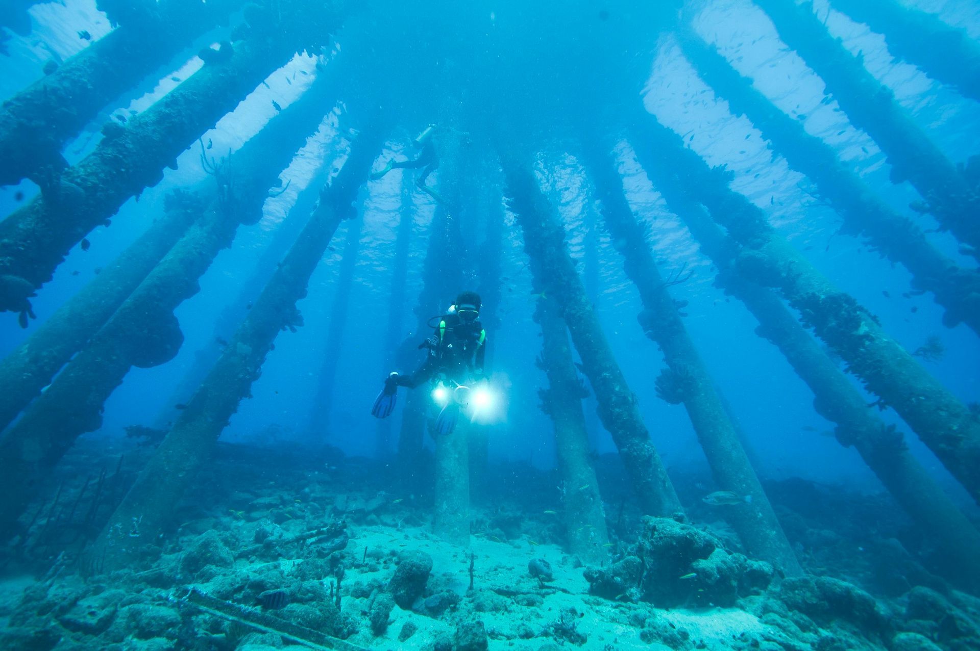 Scuba diver exploring underwater pilings in a blue ocean, shining a light.