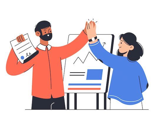 Cartoon image of employees high-fiving in front of a board, signifying successful conclusions through Smart Tax Solutions' services.