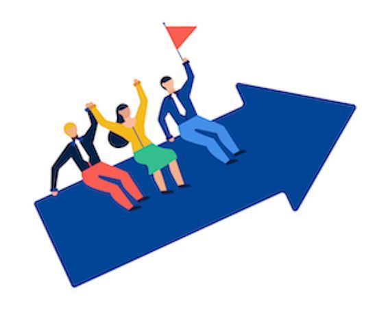 Three people sitting on an upward-pointing arrow, symbolising growth and progress.