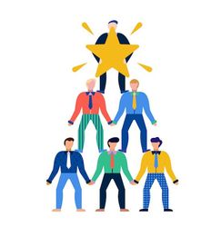 A group of people forming a human pyramid with a person at the top holding a star.