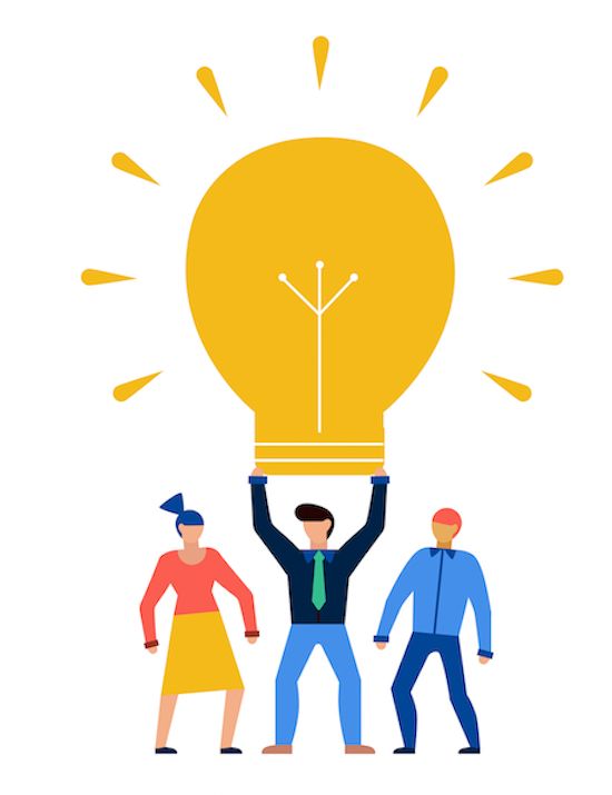 A person holding up a big lightbulb with two others standing on each side.