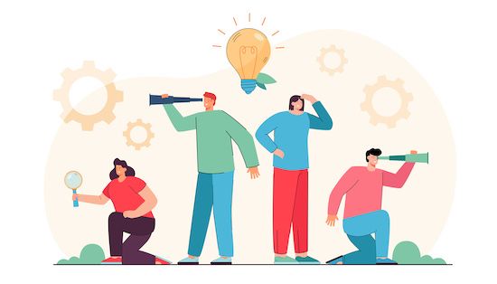 Four people, each holding a telescope or magnifying glass, stand together looking out with a glowing lightbulb above them.