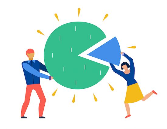 One person holds a circular shape with a small piece missing while another person attempts to fit the missing piece back into the circle.