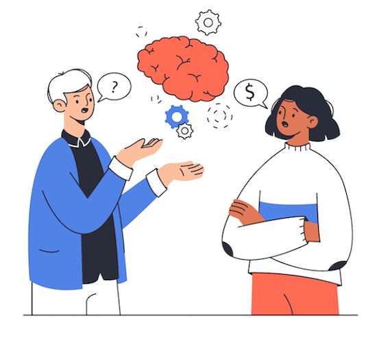 Cartoon image of two employees with speech bubbles containing money and a brain on top, symbolizing Smart Tax Solutions' expert financial advice and services.