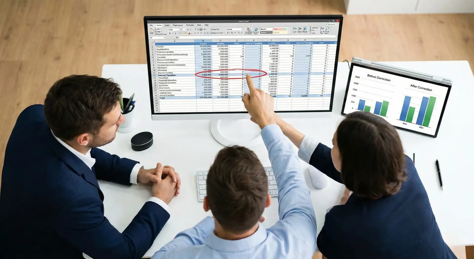 This image illustrates the analytical process where the advisory team identifies the root cause of the problem in the financial records.