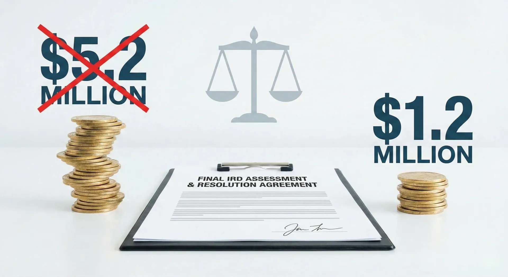 This image visually represents the successful conclusion, showing the original liability crossed out and the final, much lower figure next to the signed agreement.
