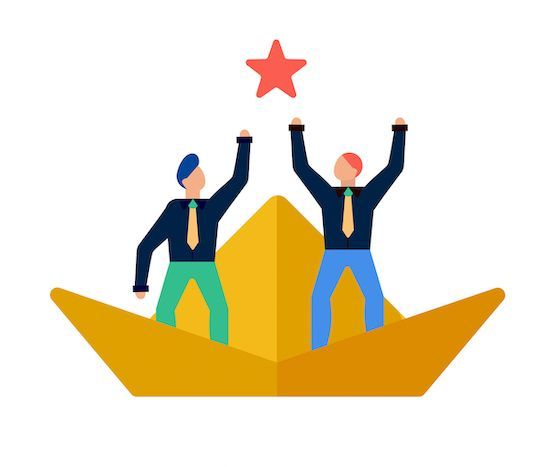 Two people reaching upwards with outstretched arms towards a star.