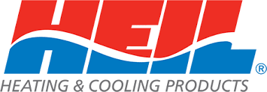 Logo for HEI Heating & Cooling Products: Red and blue stylized letters with a wave and text.