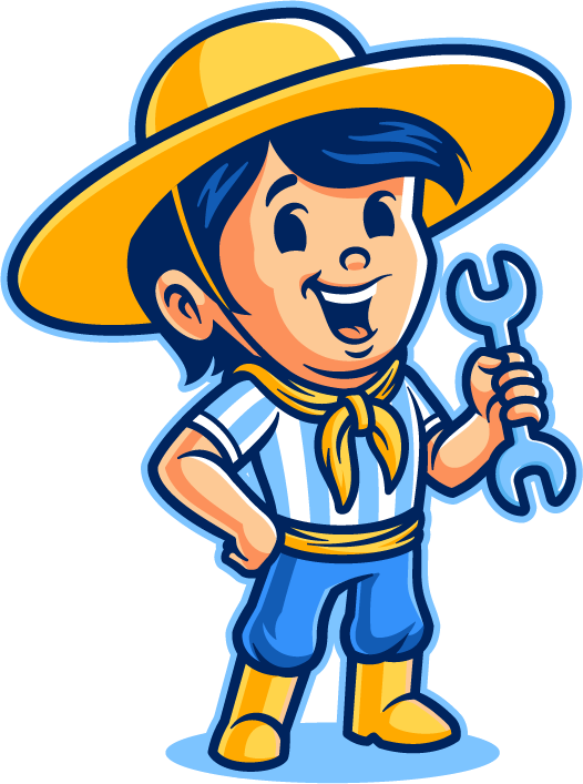 Boy wearing a yellow hat, holding a wrench, and smiling.