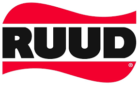 RUUD logo in black text, with red curved lines above and below.