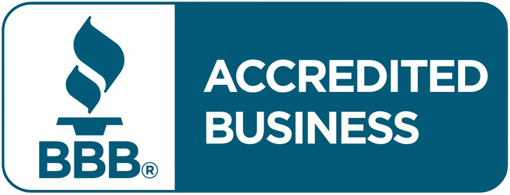 BBB Accredited Business logo, a teal rectangle with a stylized flame and the words 