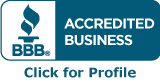 BBB Accredited Business logo: blue rectangle with torch and text 