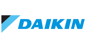 Daikin logo: blue text with a stylized blue and black triangle graphic.