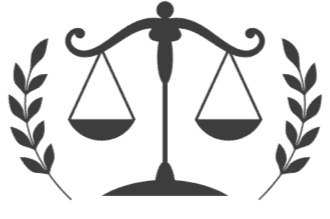 A dark grey icon of a balanced scale of justice flanked by two laurel branches on a white background.