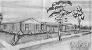 A black and white drawing of a mobile home with palm trees in the background.