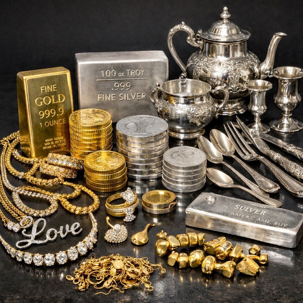 A collection of gold bars, silver ingots, jewelry, coins, and vintage silverware arranged on a dark surface.