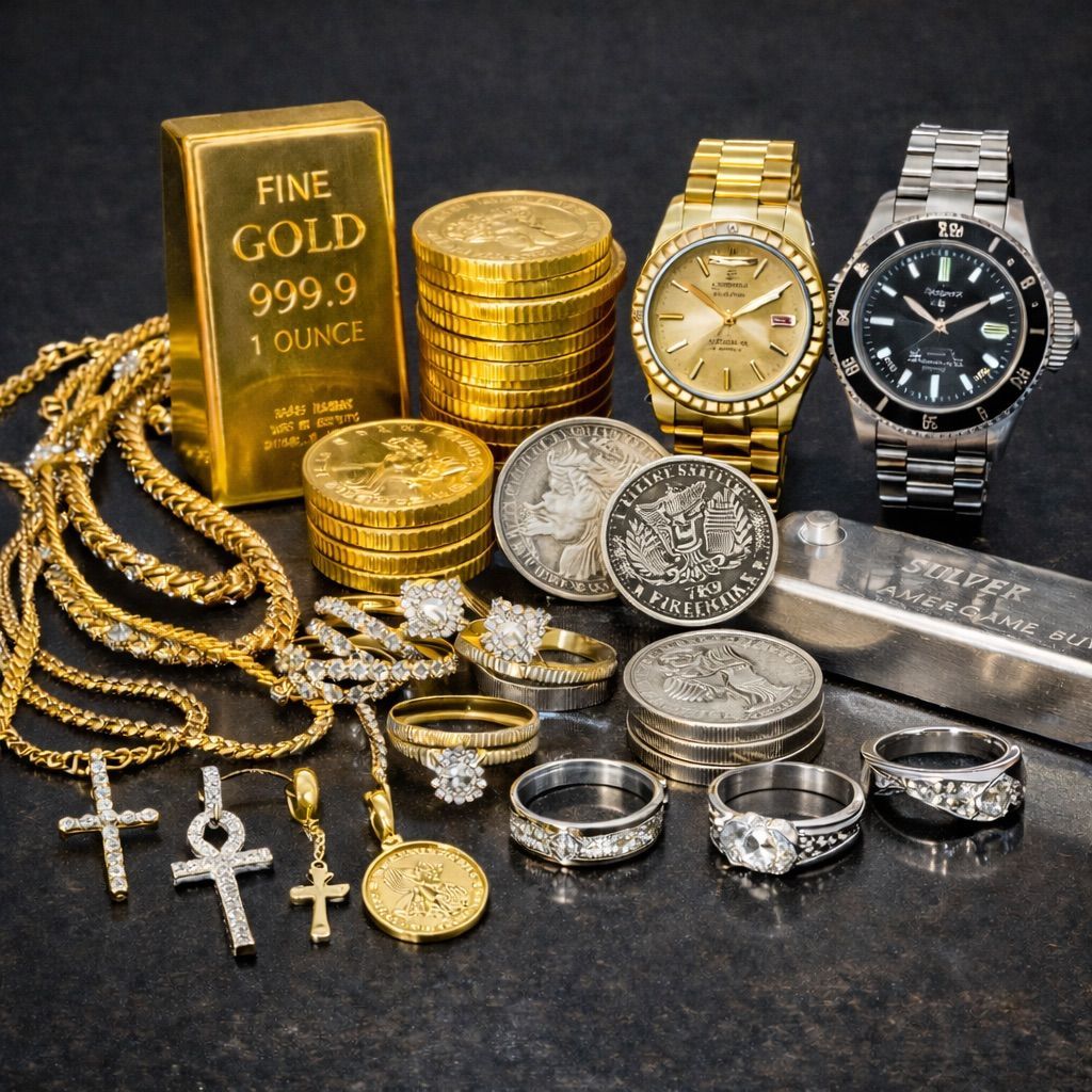 An assortment of gold bullion, silver coins, diamond-encrusted jewelry, and two luxury watches arranged on a dark surface.