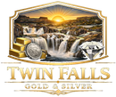 Logo for Twin Falls Gold & Silver featuring a sunset, waterfall, gold bars, a silver coin, and a diamond.