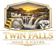 Logo for Twin Falls Gold & Silver featuring a sunset, waterfall, gold bars, a silver coin, and a diamond.