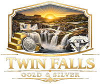 Logo for Twin Falls Gold & Silver featuring a sunset, waterfall, gold bars, a silver coin, and a diamond.