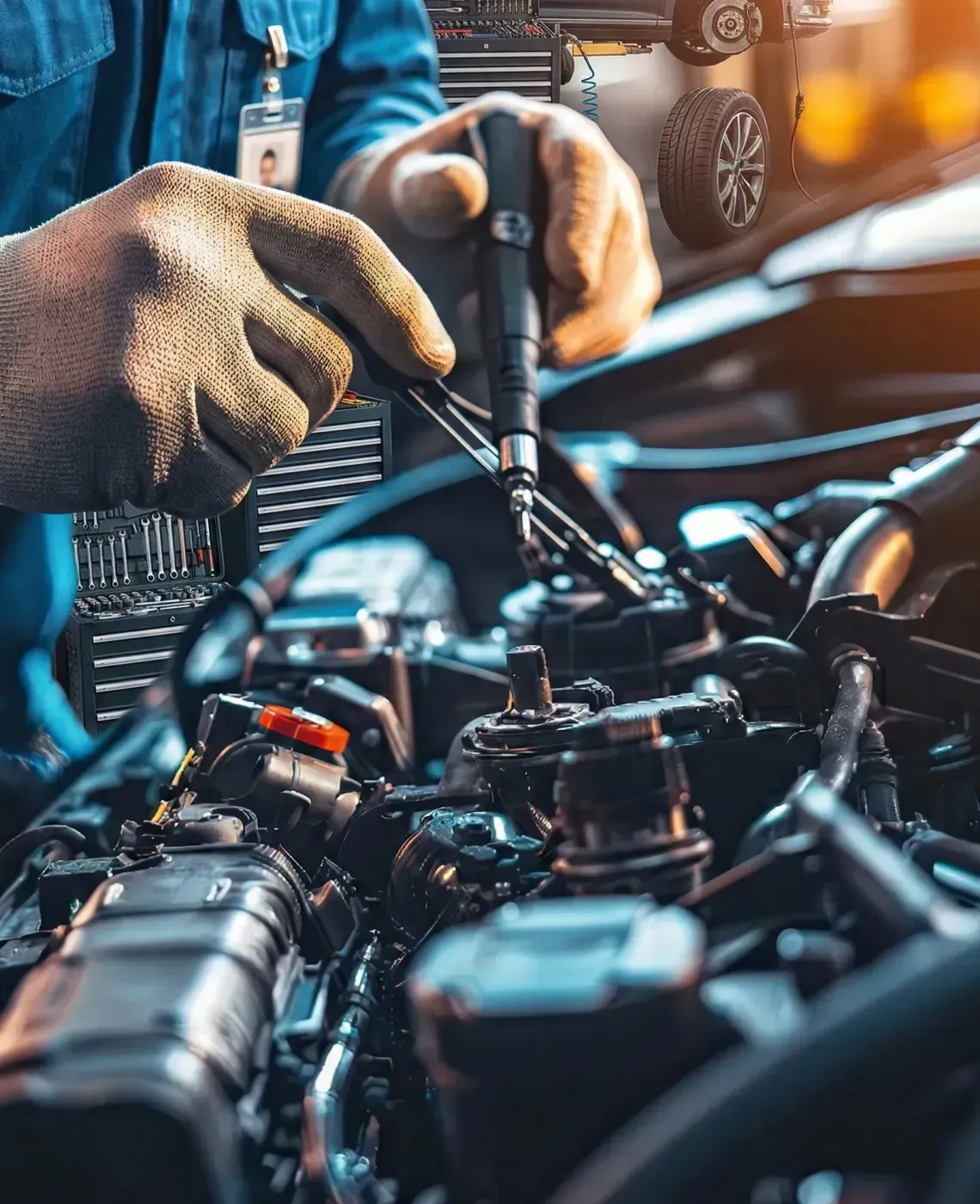A mechanic wearing gloves works on a car engine, using a precision tool to inspect or repair internal components.