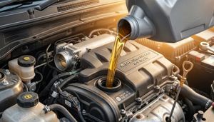 Golden engine oil being poured from a plastic container into the oil filler cap of a car engine.