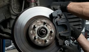 Mechanic in gloves using a wrench to service a car's disc brake system.