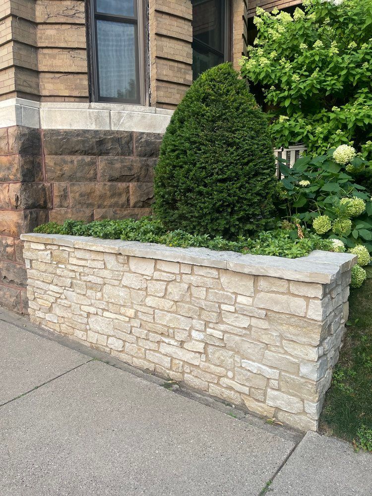 A stone wall with plants growing on it in front of a building.