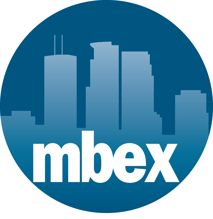 A blue logo for mbex.org with a city skyline in the background