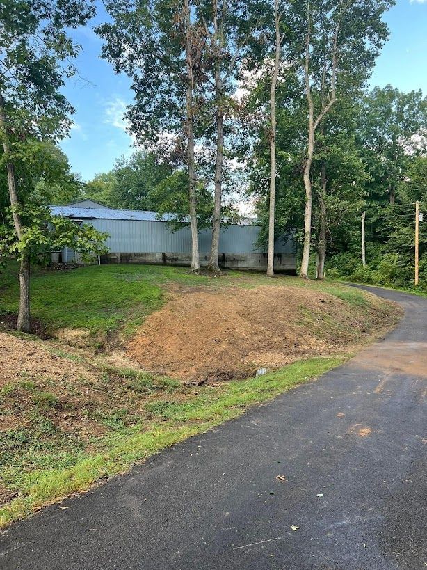 A dirt road leading to a house surrounded by trees and grass.